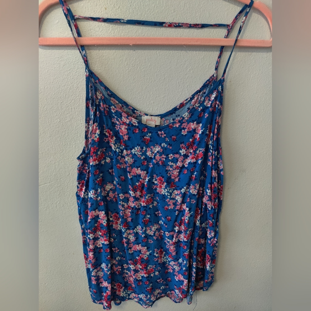 Pixley Women's blue floral sleeveless tank top with strappy back euc